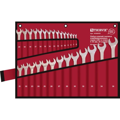 Набор ключей THORVIK гаечных комбинированных серии ARC в сумке, 6-36 мм, 28 предметов   W3S28TB