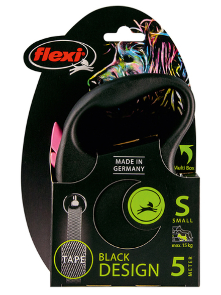 Поводок-рулетка Flexi Black Design S. Лента 5 м. для собак до 15 кг. Розовый
