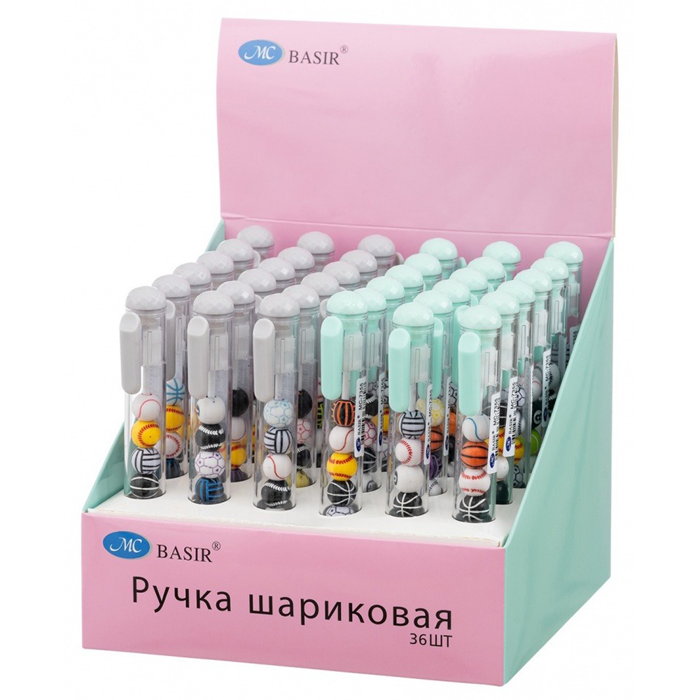 Ручка шариковая, автоматическая, Basir, синие чернила, серия "МЯЧИ", с фигурками в корпусе, 36 шт