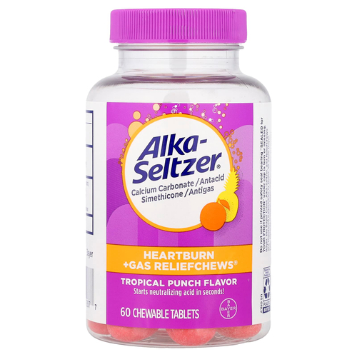 Alka-Seltzer, Жевательные таблетки от изжоги и газообразования, тропический пунш, 60 жевательных таблеток