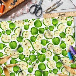 Ткань оксфорд 210 сочные зелёные яблоки на белом фоне