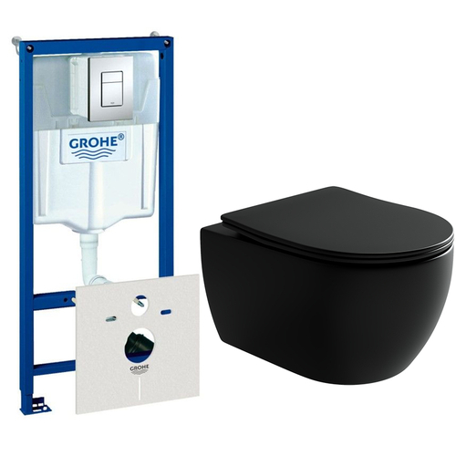 Комплект подвесной безободковый унитаз Ceramica Nova Play CN3001MB Черный матовый с сиденьем Микролифт + инсталляция Grohe Rapid SL 38775001 4 в 1 с кнопкой смыва