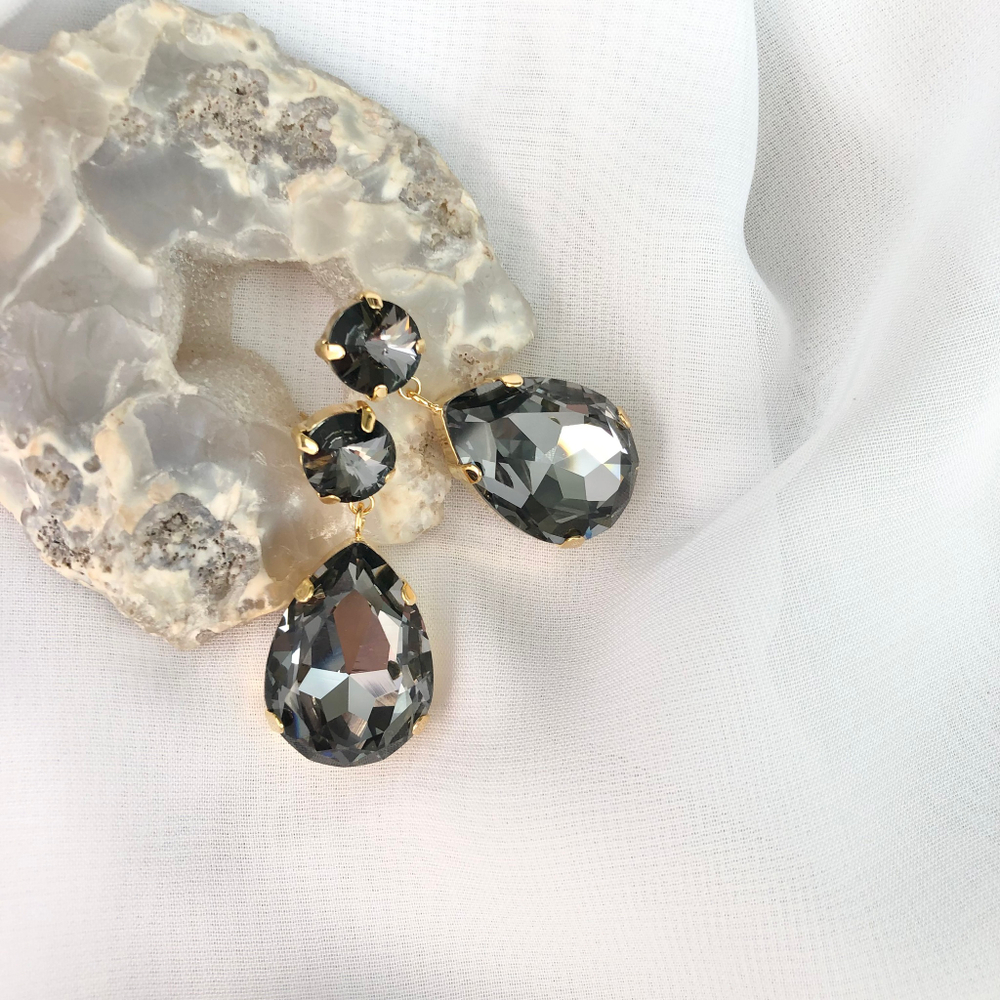 Серьги из двойных кристаллов, круг и капля, оттенок серый