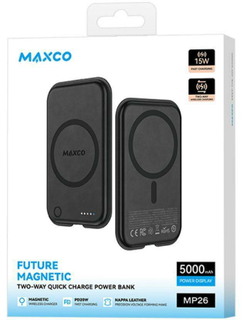 Внешний магнитный аккумулятор с беспроводной зарядкой Maxco Future Magnetic Two-Way, 5000 mAh, 15W, в коже Nappa, Черный