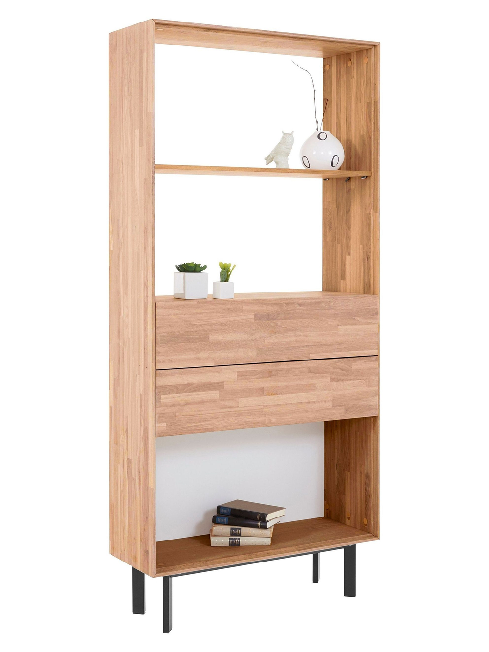 Дизайнерский книжный шкаф 2 ящика Виби 186х86х31 из дуба в стиле лофт, на металлических ножках