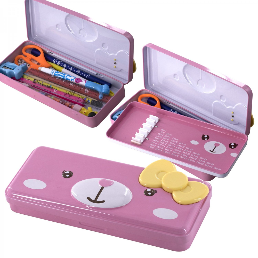 Пенал металлический 2 отделения Alingar, таблица умножения, органайзер, 100 х 220 мм, "Мишка с бантиком", розовый