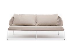 "Милан" диван 3-местный плетеный из роупа, каркас алюминий белый муар, роуп бежевый круглый, ткань бежевая 052