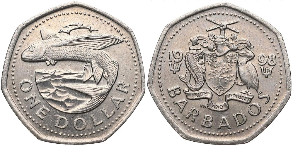 Барбадос 1 доллар, 1988 - 2005 Летучая рыба XF