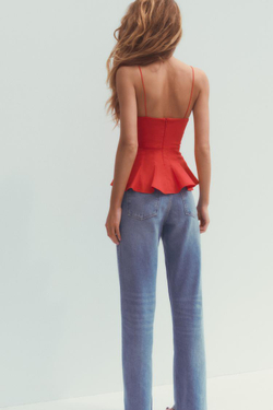 ZARA ТОП ИЗ ПОПЛИНА С БАСКОЙ, КОРАЛЛОВО-КРАСНЫЙ