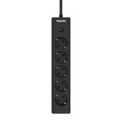 Сетевой фильтр удлинитель Philips CHP2155BB/51 с пятью стандартными розетками EU, с заземлением и защитой от перегрузок, 3 м, черный