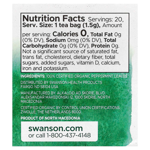 Swanson, 100% органический чай с перечной мятой, без кофеина, 20 чайных пакетиков, 30 г (1,05 унции)