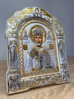 Николай Чудотворец, икона арочная с рамкой под стеклом, белое дерево 206х270