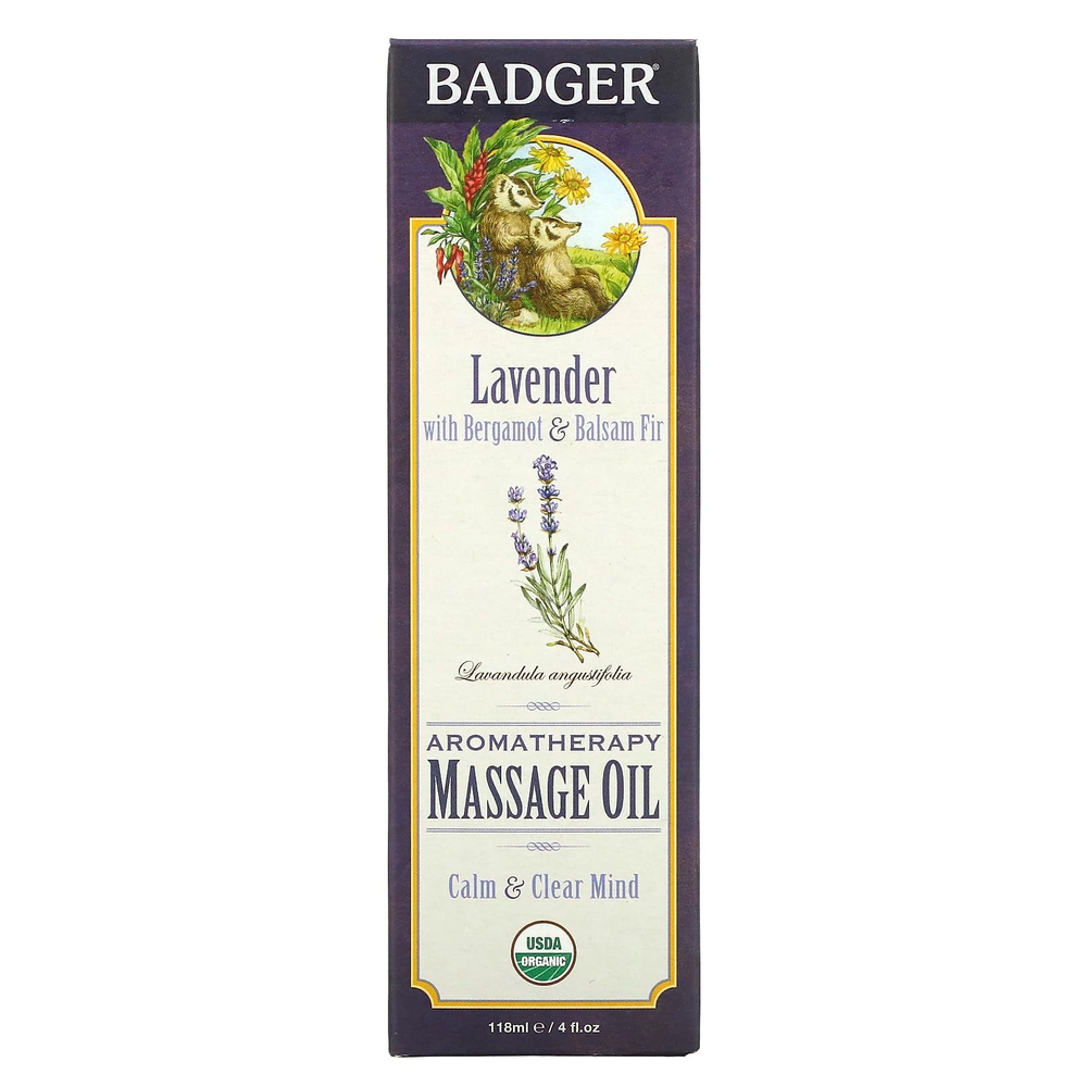 Badger, Массажное масло для ароматерапии, лаванда с бергамотом и бальзамом пихты, 4 жидких унции (118 мл)