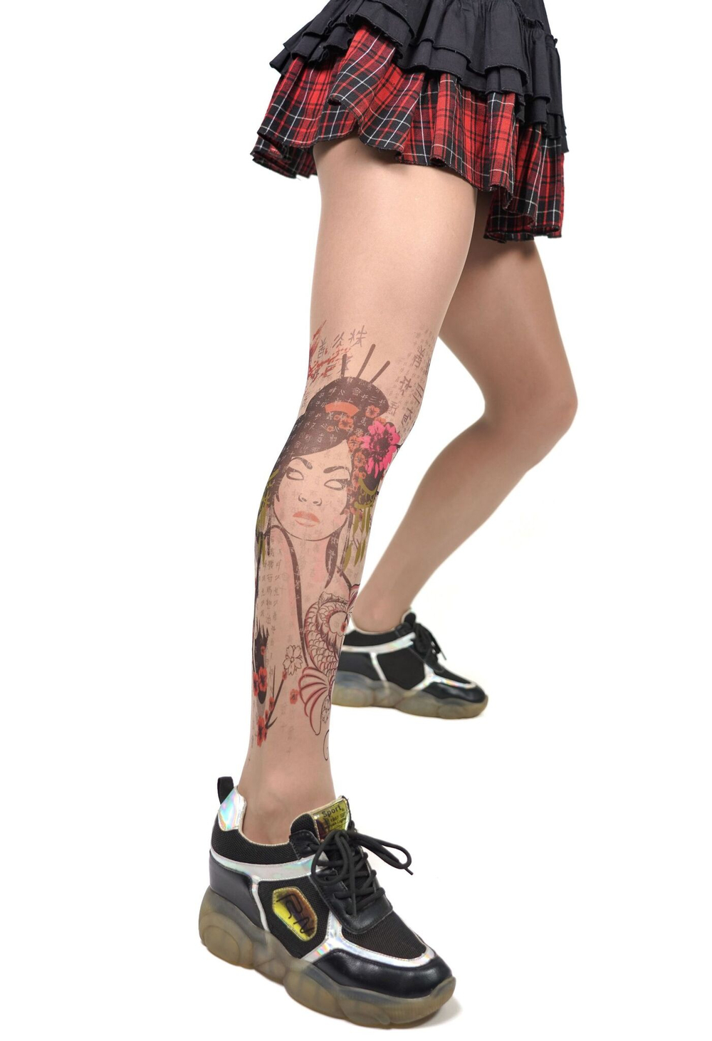 Колготки с принтом в виде гейши на правой ножке (Размер: S-M-L) (Цвет: бежевый)
