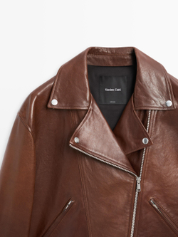 Massimo Dutti Куртка в байкерском стиле из кожи наппа, коричневый