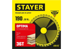 Пильный диск по дереву STAYER Optima 190x20/16 мм, 36Т, оптимальный рез 3681-190-20-36_z01
