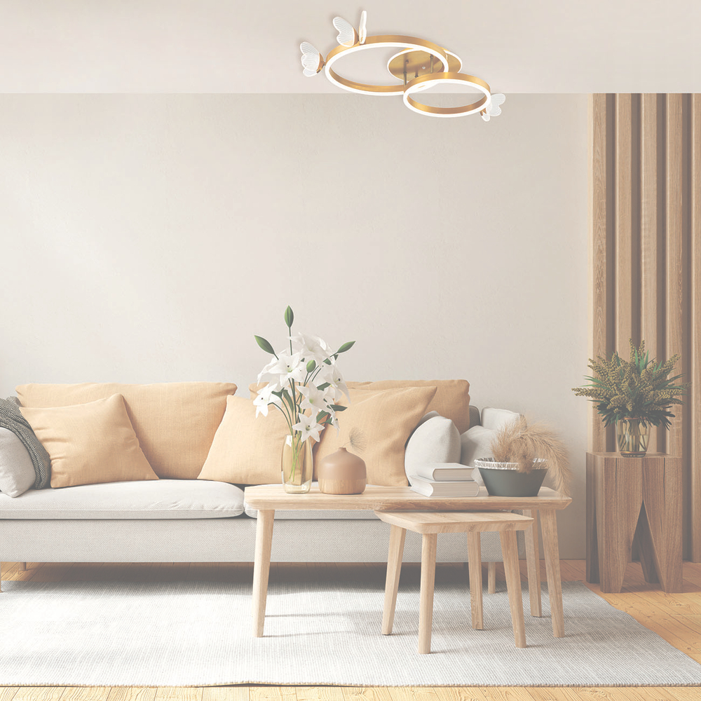 Светодиодный светильник 65+15Вт, 4920Лм, 3300К-6500К,Ra>80, ИК-пульт, плавная регулировка мощности, изменение цветовой температуры, ночник, металл/акрил, золото