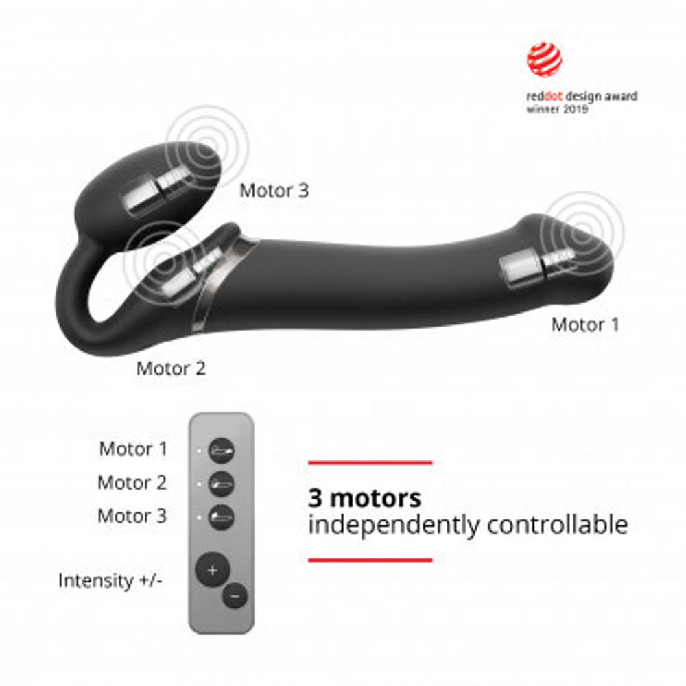 Безремневой страпон Strap-on-me с вибрацией, с 3-мя моторами, черный, XL