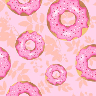 Розовые пончики на бледно-розовом фоне с листьями