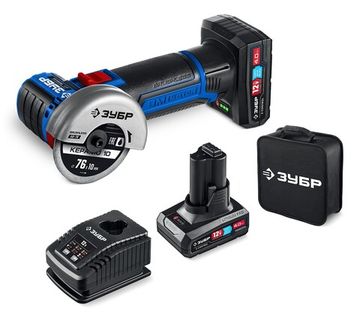 ЗУБР 12 В, D76 мм, 2 АКБ тип Т7 (4 А·ч), бесщеточная УШМ, сумка, Профессионал (AB-76-42)