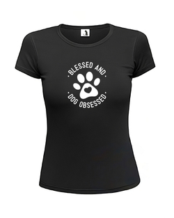 Футболка Blessed and dog obsessed женская приталенная черная с белым рисунком