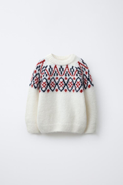 ZARA ЖАККАРДОВЫЙ СВИТЕР ИЗ СМЕСОВОЙ ШЕРСТИ, ЭКРЮ/КРАСНЫЙ