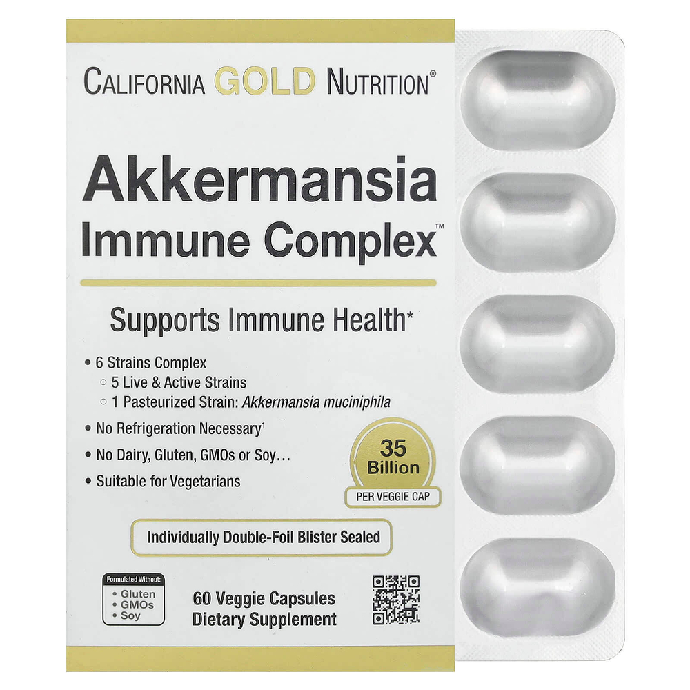 California Gold Nutrition, Akkermansia Immune Complex, комплекс с аккермансией для укрепления иммунитета + пробиотики, 60 растительных капсул