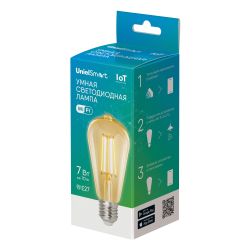 LED-ST64-7W-SW-E27-230V-WF GLS82GO Умная лампа светодиодная Wi-Fi+Bluetooth. диммируемая. Форма конус. золотистая. Стеклянная колба. 2700-6500K. Голосовое управление+приложение UnielSmart. TM Uniel