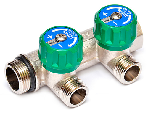 Коллектор Uni-Fitt 3/4"х1/2" - 2 выхода «плоское уплотнение» никелированный с вентилями 411N3220