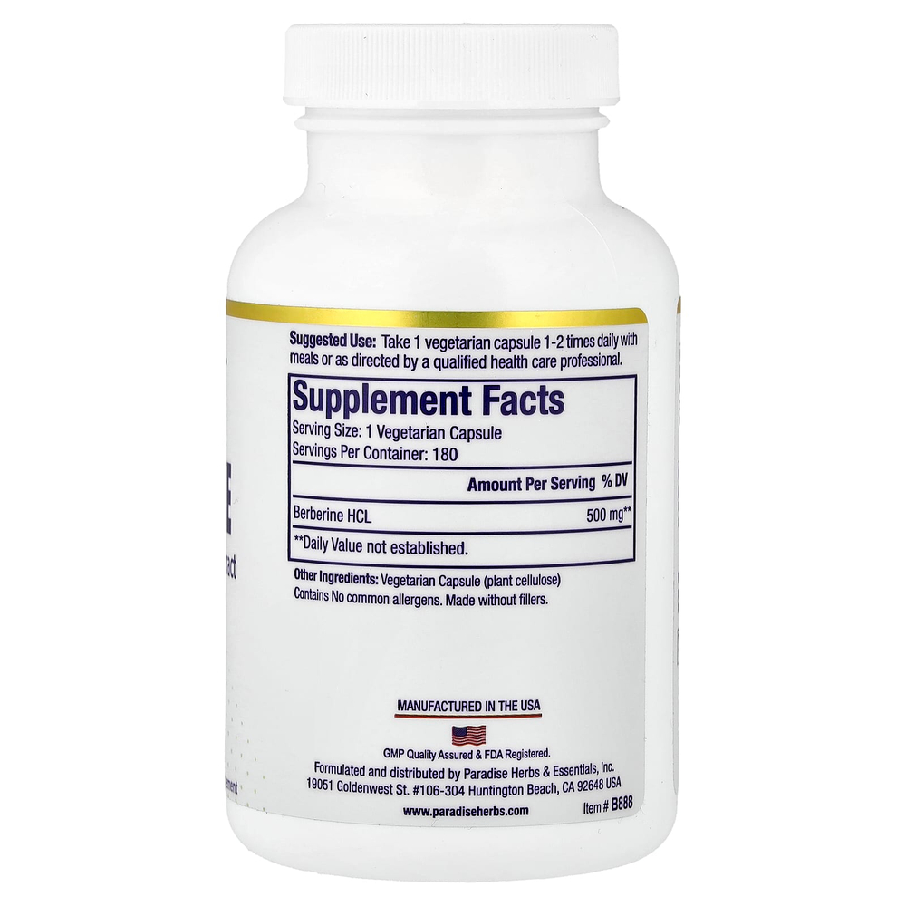 Paradise Herbs, берберин, 500 мг, 180 вегетарианских капсул
