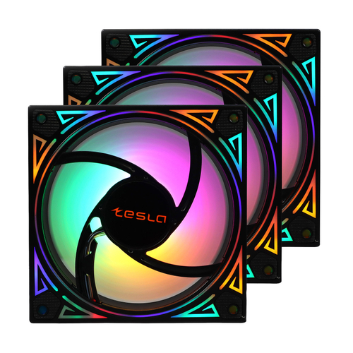 УЦЕНКА_Комплект из 3 вентиляторов TESLA RGB 120-GD3, 120мм, 1200rpm, 3-pin+Molex, черный-белый/RGB, 38CFM, 21дБ, антивибропрокладки (RMA_TSL-120-GD3) {следы монтажа; нет саморезов в комплекте}