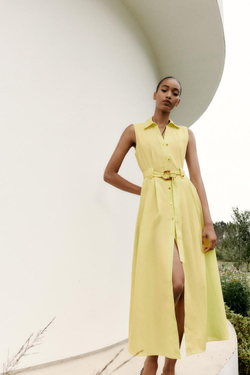 ZARA ПЛАТЬЕ-МИДИ ИЗ ПОПЛИНА С ПОЯСОМ, ЖЕЛТЫЙ