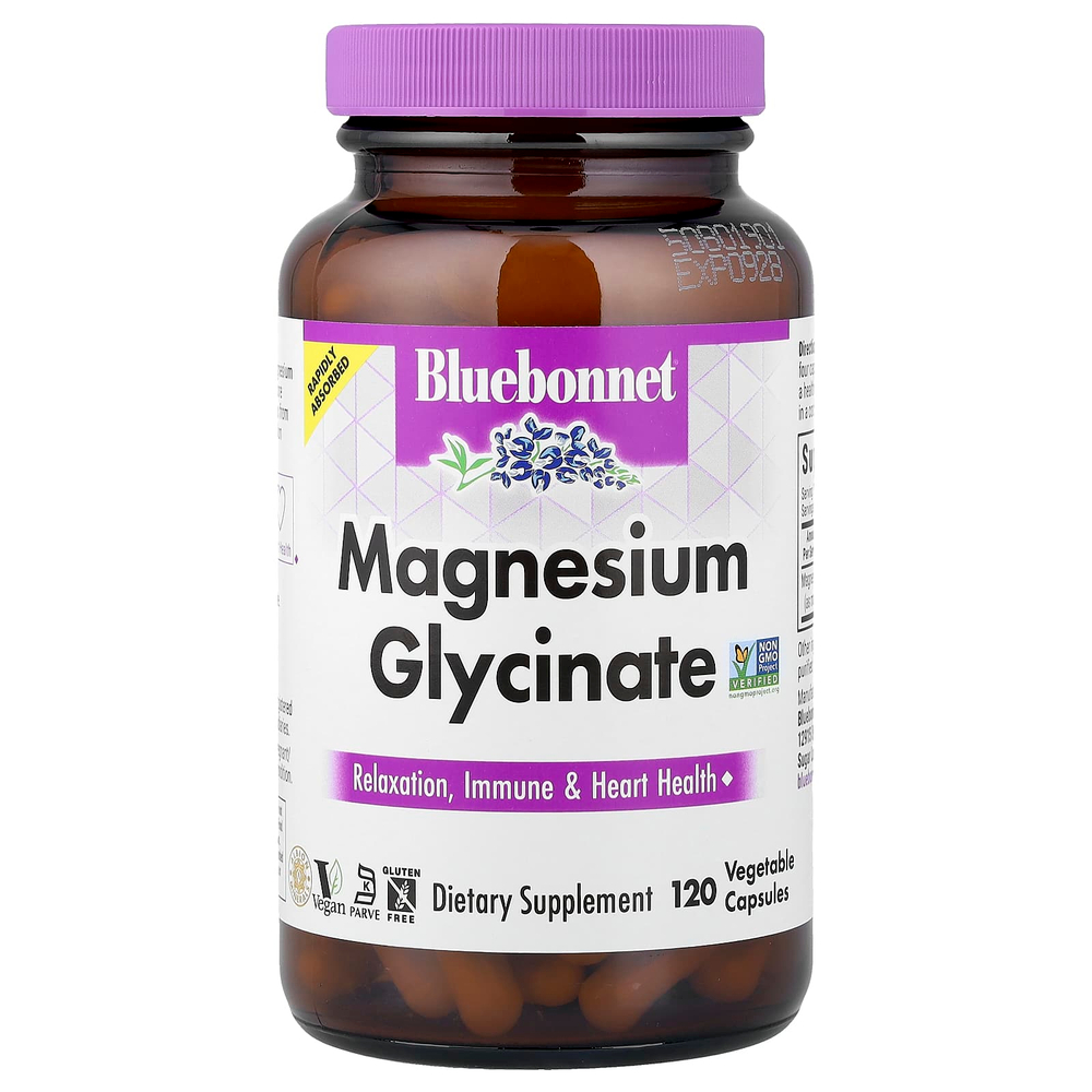 Bluebonnet Nutrition, Глицинат магния, 120 растительных капсул (100 мг на капсулу)