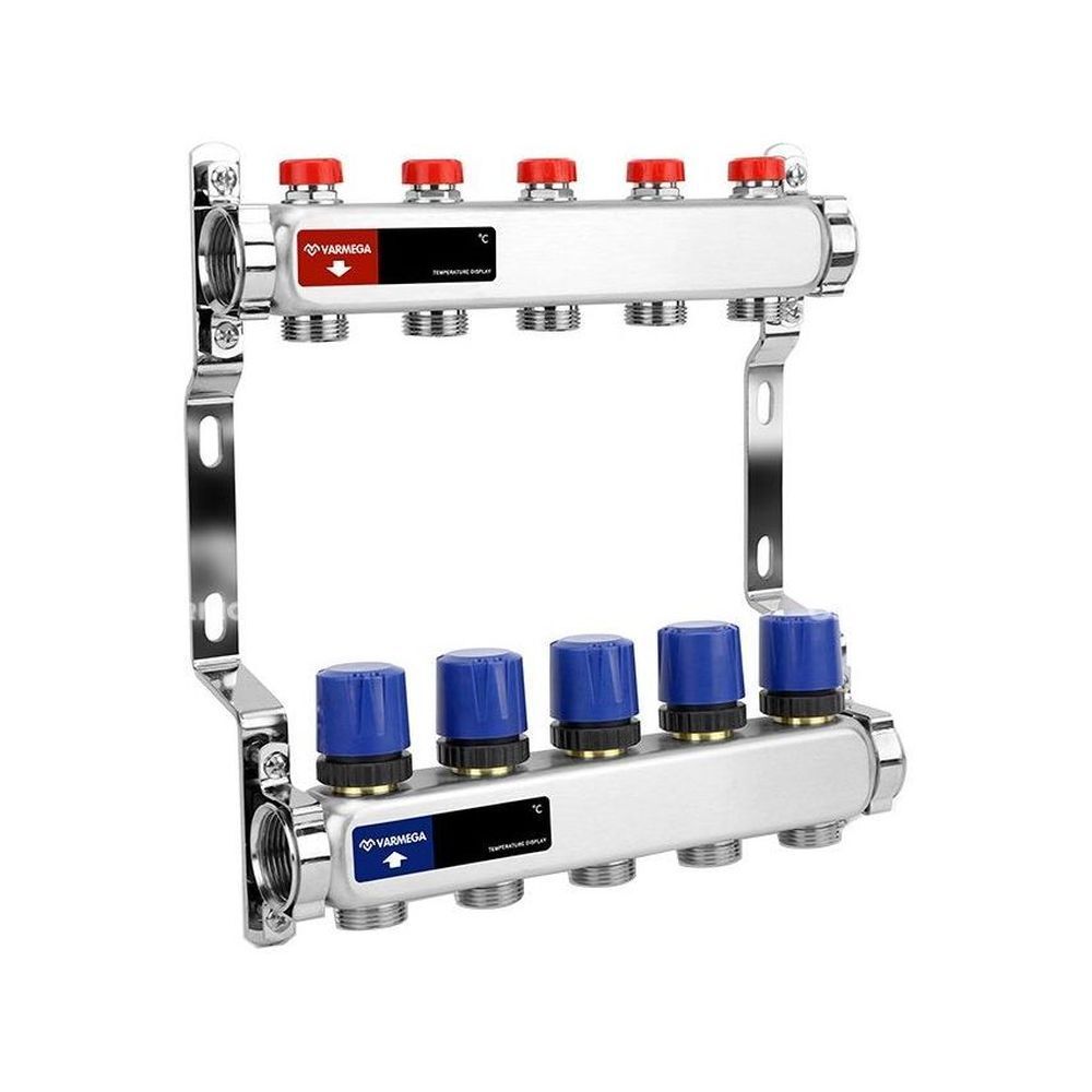 Коллектор из  нерж. стали без расходомеров с регулирующими клапанами 1", 5 x 3/4"EK
