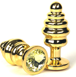 Золотистая ребристая анальная пробка с желтым кристаллом - 7 см. (Цвет: желтый)