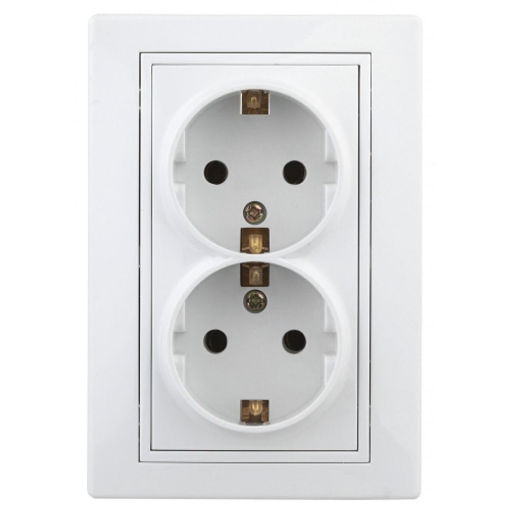 Розетка Intro Plano 1-208-01 с заземлением двойная 2X2P+E Schuko со шторками, 16А-250В, IP20, СУ, белый