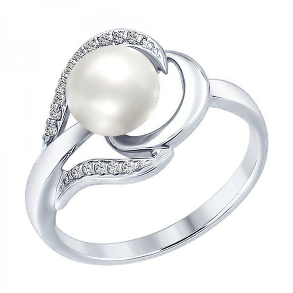 Кольцо из серебра 925 с жемчужиной и фианитами. Размер 18.