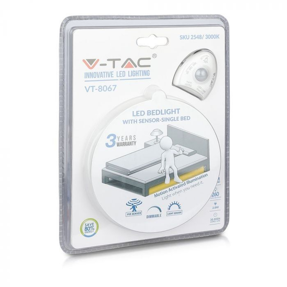 Прикроватная светодиодная лента V-TAC с датчиком движения, 3 Вт, 12 В, 4000К, IP20, SKU 2548