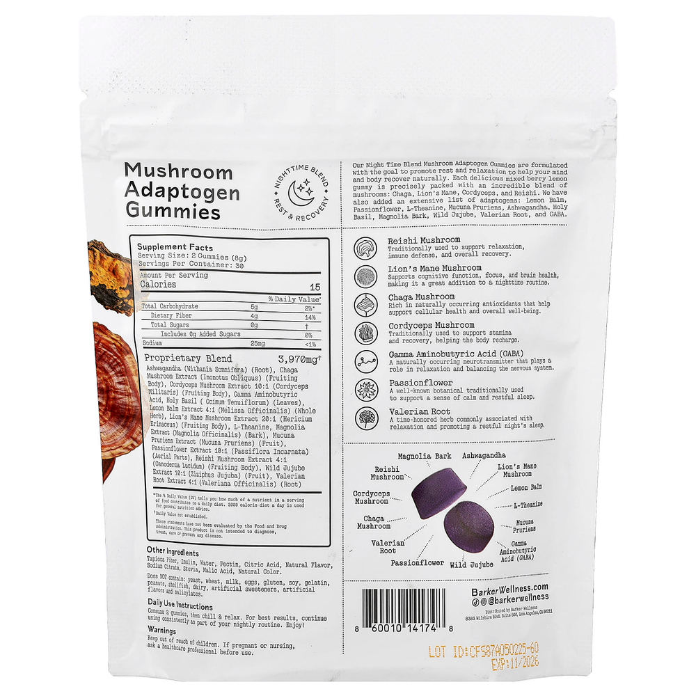 Barker Wellness Co, Nighttime Blend, жевательная смесь грибов и адаптогенов, со вкусом ягод и лимона, 60 жевательных таблеток
