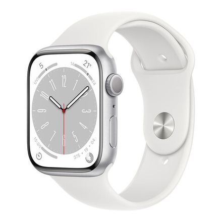 Apple Watch Series 8, 45 мм, Умные часы Корпус из алюминия Серебристого цвета, спортивный ремешок Белого цвета (MP6N3)