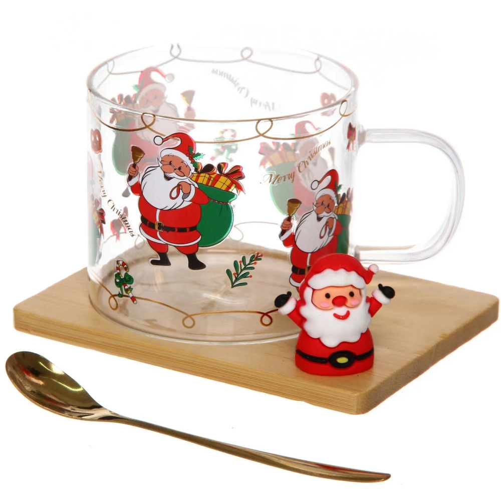 Кружка стеклянная 280мл «Дед Мороз» на бамбуковой подставке с ложкой, в подарочной коробке