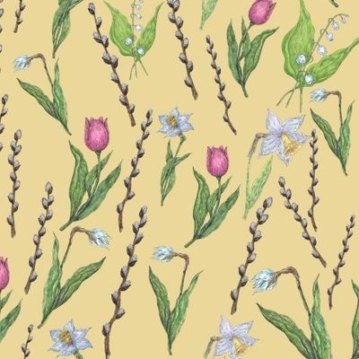 Паттерн с весенними цветами на желтом фоне