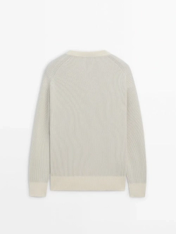 Massimo Dutti Свитер из хлопка букле с круглым вырезом, натуральный, кремовый