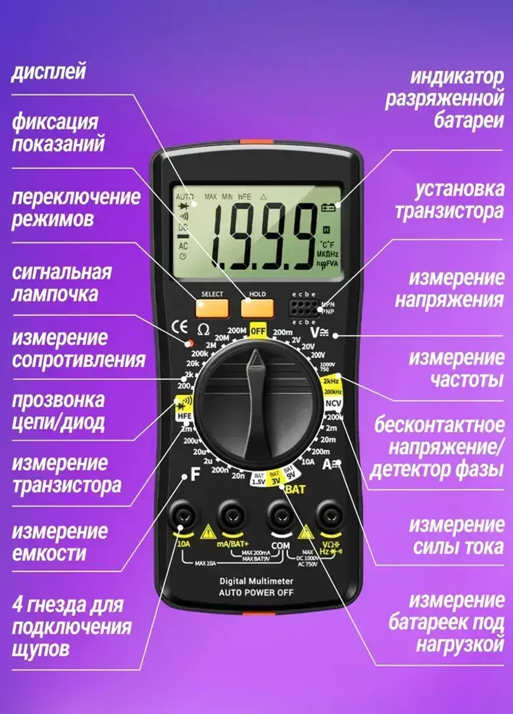 Мультиметр цифровой с прозвонкой SZ08 тестер электрический с щупами