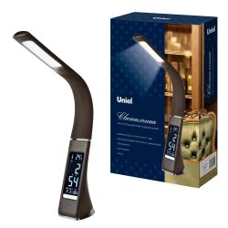 TLD-542 Brown-LED-300Lm-5000K-Dimmer Светильник настольный c часами. календарем. термометром. 5W. Сенсорный выключатель. Коричневый стилизован под кожу. TM Uniel.