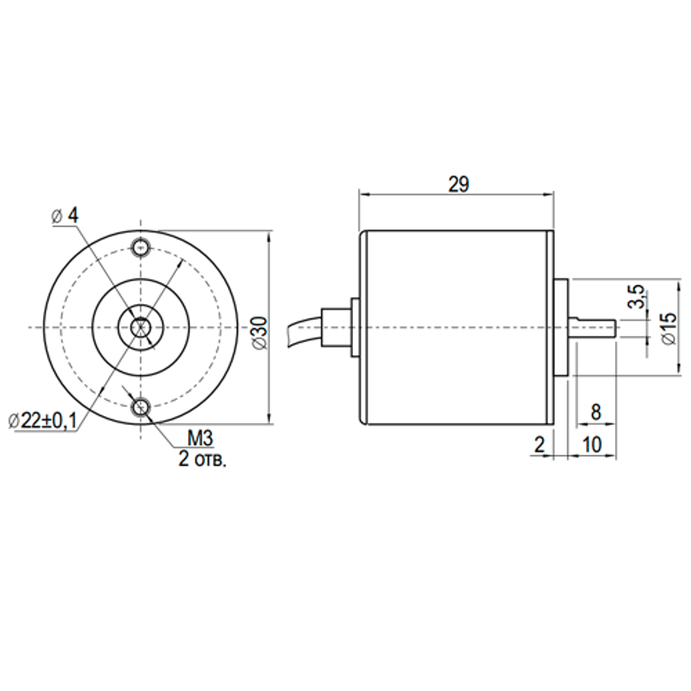 Инкрементальный энкодер INNOCONT D=30мм, выступающий вал 4мм, 100 имп/об, 24VDC, выход HTL, IP54, -20…+80°C, аксиальный кабель 2м