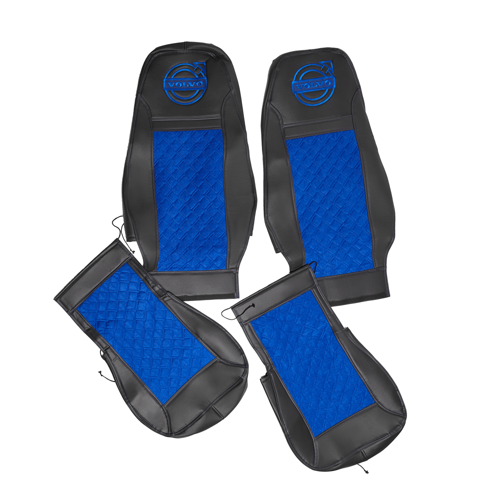 Чехлы VOLVO FH-12 после 2003 года: два высоких сиденья, ремни безопасности от стоек кабины (нет выреза под ремень) (экокожа, черный, синяя вставка)