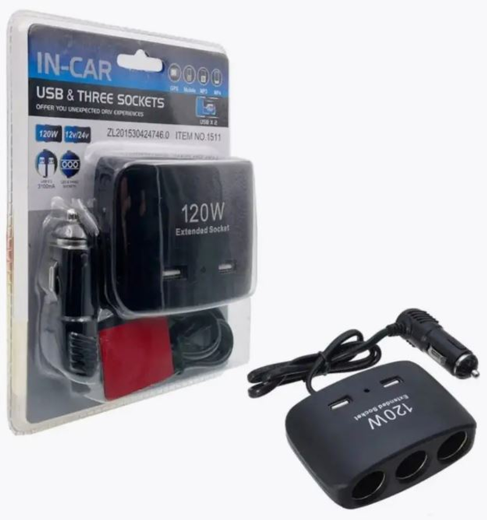 Разветвитель прикуривателя 3гнезда + 2USB+ провод Olesson NO 1511 #RV-011