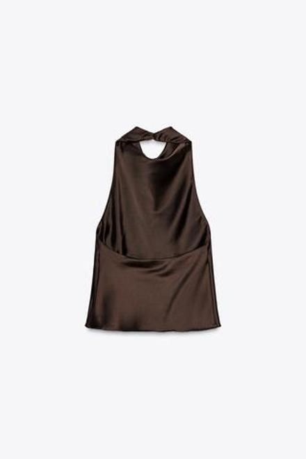 ZARA АТЛАСНЫЙ ТОП С ГОРЛОВИНОЙ ХАЛТЕР, КОРИЧНЕВЫЙ