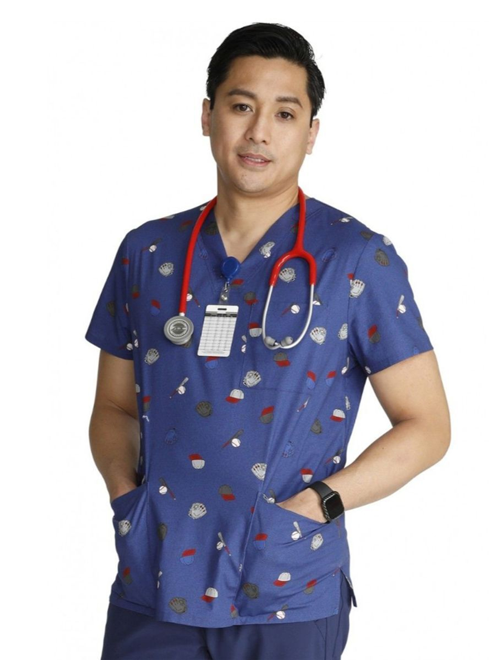 Топ медицинский мужской Cherokee CK691, принт "Бейсбол", серый, M